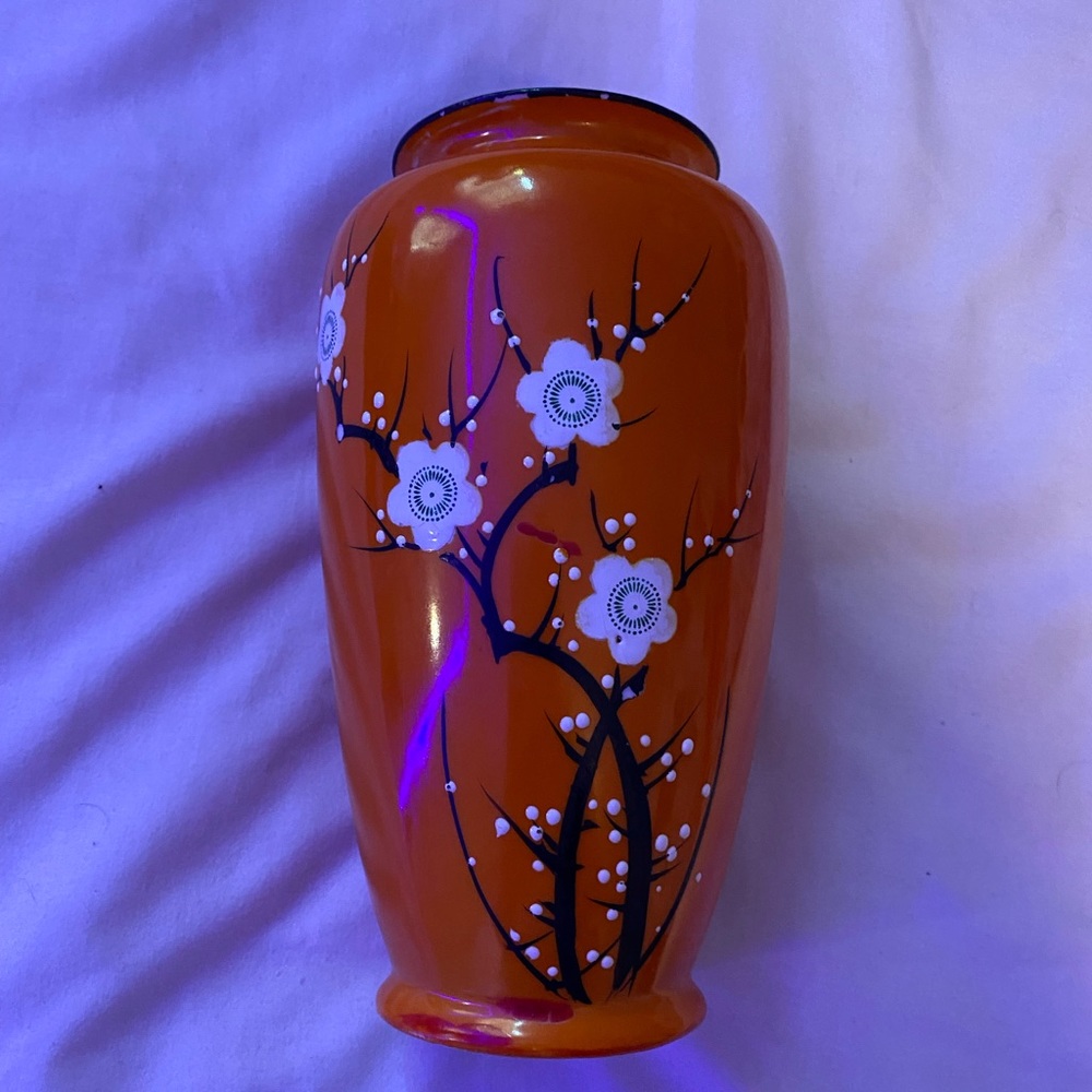 Vintage Asian Vase Pottery with White Blossoms